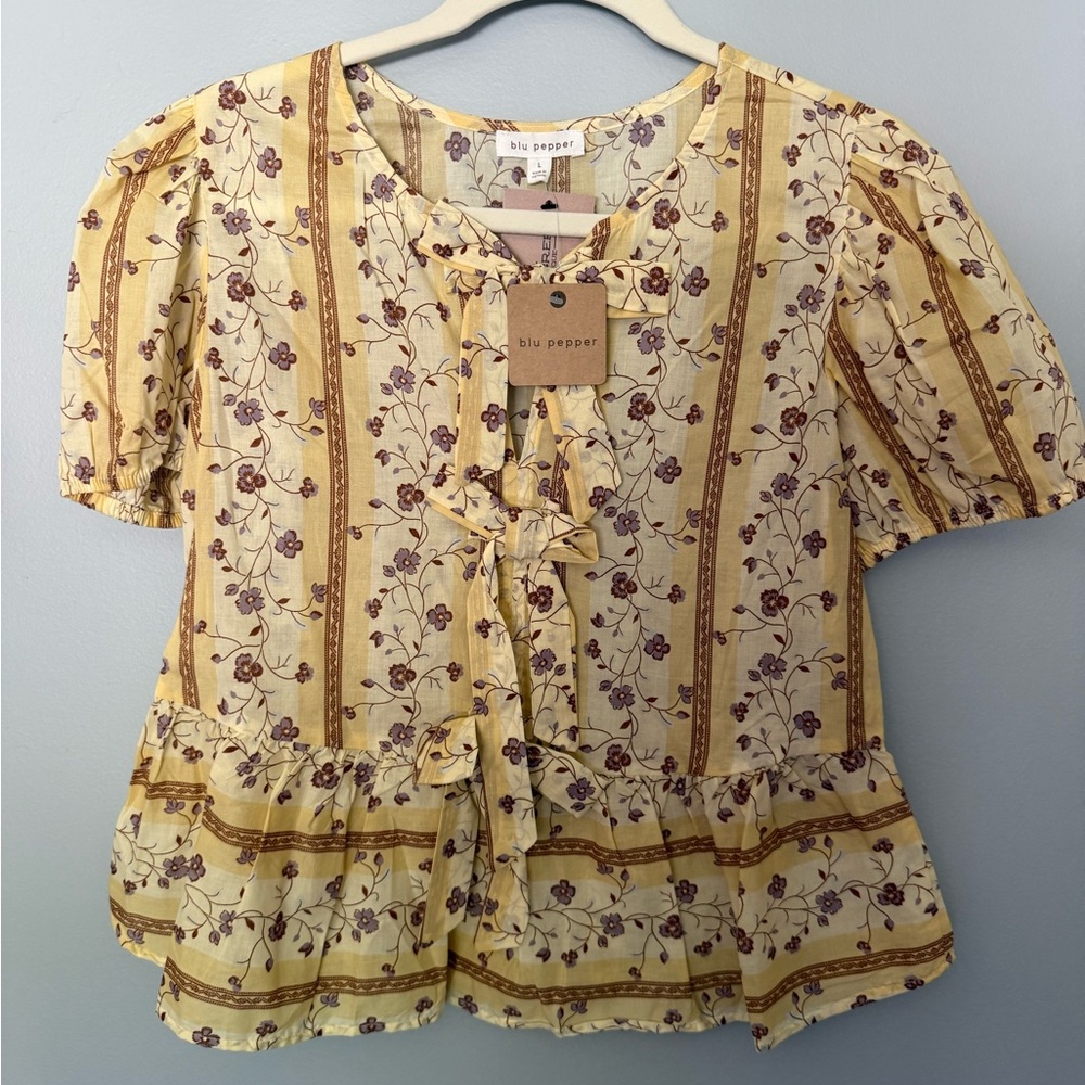 Blu Pepper Yellow Floral Tie-Front Peplum Blouse
